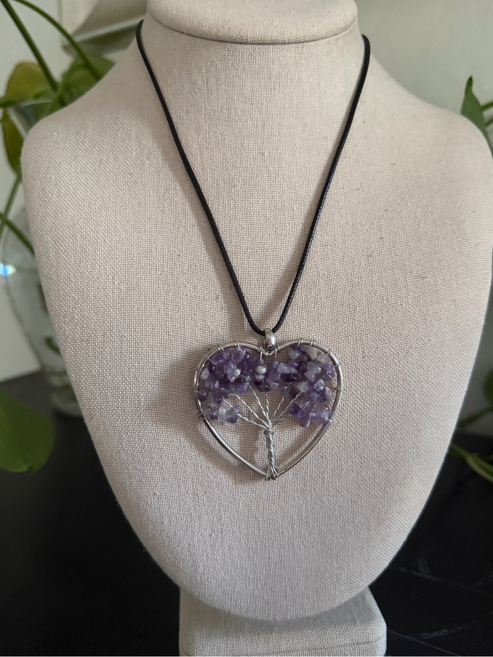 Vintage Sterling Silver & Purple Amethyst Tree of Life Heart Necklace
